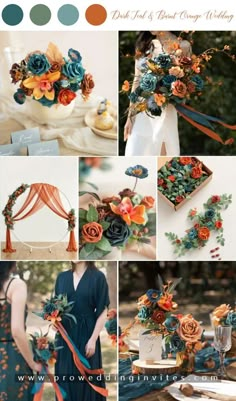 a collage of photos with different colors and flowers on them, including oranges, blue