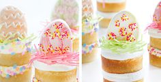 three different pictures of decorated cookies with eggs and sprinkles on them, one in the shape of an easter egg