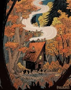 an illustration of a cabin in the woods