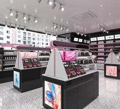 the interior of a cosmetics store with multiple displays