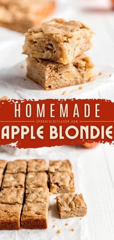 homemade apple blondie bars stacked on top of each other with text overlay that reads, simple homemade apple blondie