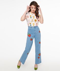 Cakeworthy Strawberry Shortcake Patch Jeans - Unique Vintage - Womens, BOTTOMS, JEANS Strawberry Clothes, Patch Jeans, Patched Jeans, Denim Cotton, Strawberry Shortcake, Unique Vintage, Shop Now, Cotton Blend, Clothes