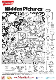 the hidden pictures coloring book is shown in black and white, with an image of cartoon characters