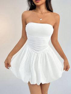 Strapless Solid Color Puffy Lantern Bud Mini Dress White Casual  Sleeveless Knitted Fabric Plain A Line Slight Stretch  Women Clothing, size features are:Bust: ,Length: ,Sleeve Length: White Bubble Dress, Cute Tube Tops, White Strapless Dress, Mini Tube Dress, Mini Dress White, Tube Top Dress, Effortless Hairstyles, Strapless Mini Dress, Kids Sleepwear