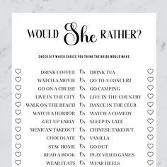 a printable would she rather be rather than the bride to be? checklist