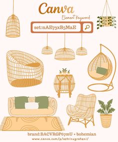 an advertisement for a furniture store featuring rattan chairs and hanging planters with plants in them