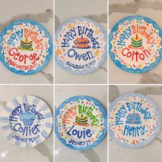 four pictures of birthday plates with the words happy birthday to everyone on them, all decorated in different colors and designs