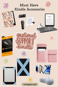 an assortment of items that are being displayed on a pink background with the words, must have kindle accessories