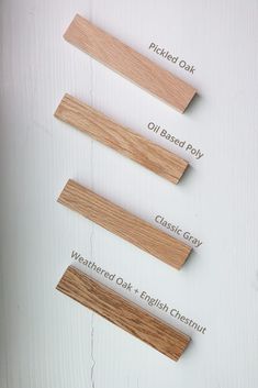 four different types of wood are shown on the wall, and labeled with their names