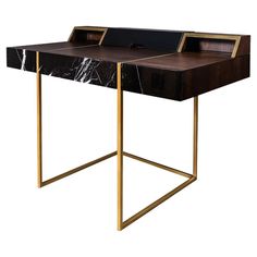 a desk with a marble top and gold metal legs on an isolated white background,