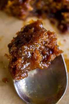 a close up of a spoon with food on it