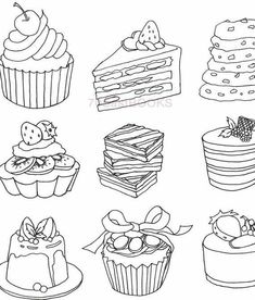 coloring pages with different types of cakes and cupcakes