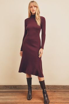 The turtleneck midi knit dress is available in black, burgundy and mauve. We love the comfort and warmth of this dress. It's stunning simplicity on it's own, but add a belt and a long necklace for some interest. Fit is true to size. Fabric does stretch. Bordeaux Dress, Midi Knit Dress, Burgundy Sweater Dress, Thick Knit Sweater, Plum Sweater, Wrap Sweater Dress, Feminine Power, Turtleneck Sweater Dress