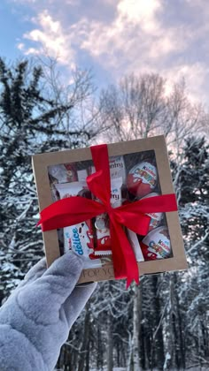 someone is holding up a box with various items inside it in front of snow covered trees