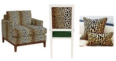 two chairs with leopard print on them, one in white and the other in green