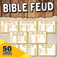 printable bible feed cards with the words, 50 cards in yellow and white on wood background