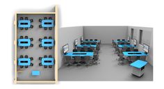 an office cubicle with blue tables and chairs in the middle is shown next to a drawing of a meeting room