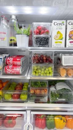 an open refrigerator filled with lots of different types of fruits and veggies in containers