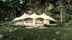 an artist's rendering of a tent set up in the middle of a forest