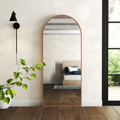 a mirror sitting on top of a wooden floor next to a plant