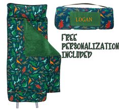 an image of a sleeping bag with the words free personalization included in green and red