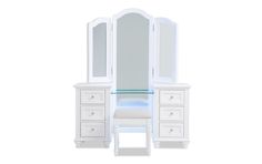 a white dressing table with mirror and drawers on it's sides, against a white background