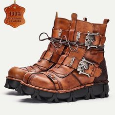 Category:Boots; Upper Materials:Leather,Cowhide; Embellishment:Splicing; Season:Winter; Gender:Men's,Women; Activity:Hiking,Walking; Toe Shape:Round Toe; Style:Vintage,Casual; Boot Shaft:Booties / Ankle Boots; Outsole Materials:Rubber; Occasion:Daily,Outdoor; Closure Type:Lace-up; Function:Warm,Height Increasing,Comfortable,Slip Resistant; Pattern:Solid Colored; Listing Date:09/18/2023; 2024 Trends:Motorcycle Boots,Work Boots,Biker boots,Halloween,Handmade Shoes,Skull; Foot Length:null; Foot Wid Gothic Moto Boots For Halloween Cosplay, Punk Brown Leather Boots, Brown Leather Punk Boots, Gothic Boots With Rivets For Cosplay, Brown Punk Boots With Rivets, Leather Platform Boots For Streetwear And Halloween, Gothic Moto Boots With Round Toe For Cosplay, Fall Cosplay Leather Platform Boots, Gothic Boots With Round Toe And Protective Metal Feet