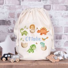 a drawsack bag with dinosaurs on it next to toys and a brick wall in the background