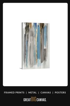 an abstract painting with blue, gray and white colors on it's canvases