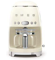 the smegle coffee maker is shown in white with chrome trim and stainless steel handles