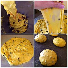 the process of making cookies is being made with butter and chocolate chips on top, then rolled in dough