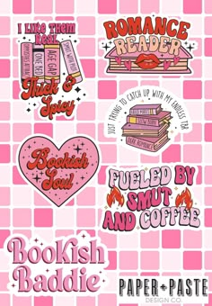 some type of stickers that are on a pink tile background with the words books and coffee