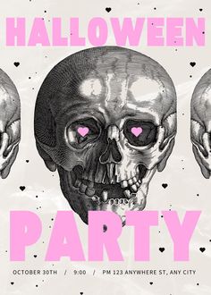 two skulls with pink eyes are in front of a halloween party poster that says, halloween party