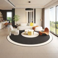 a modern living room with black and white decor