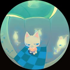 a cartoon cat sitting on top of a blue checkered floor