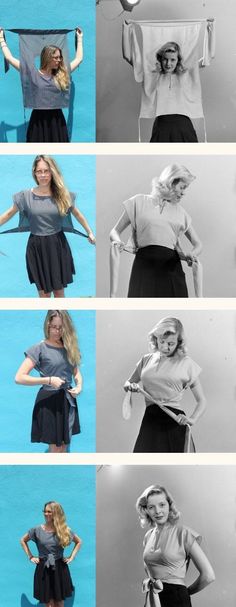 four different pictures of women in dresses and shirts