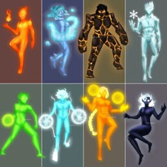 six different colored images of people in various poses