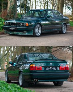 two pictures of a green car parked in front of some trees