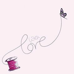 a spool of thread with a butterfly on it and the word love written in cursive writing