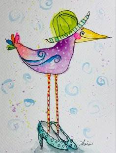 a watercolor painting of a bird with long legs and a hat on its head