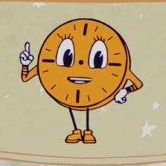 an orange clock with one hand up and two fingers in the air, giving thumbs up