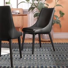 two black chairs sitting on top of a rug in front of a table with a potted plant