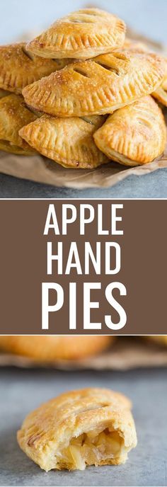 apple hand pies stacked on top of each other with text overlay that reads, apple hand pies