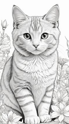 a black and white drawing of a cat sitting on top of some flowery plants