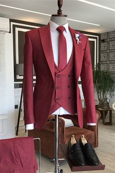 Channing Bespoke Burgundy Peaked Lapel Three Pieces Prom Suits Burgundy Suit Men, Suits Formal, Dapper Mens Fashion, Burgundy Suit, Pink Homecoming Dress, Groomsmen Suits, Prom Suits, Fashion Suits For Men, Fashion Suits