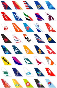 many different types of airplane logos are shown in this image, including one with the letter klm on it