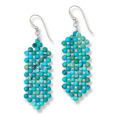 Jay King Heavenly Well Lake Turquoise Woven Bead Drop Earrings Tiny blue-green turquoise beads handcrafted into a woven design give these dangling earrings a fun, fashionable touch of dimension and color. From Jay King.       Approx. 2-3/8"L x 5/8"W     Stamped .925      Earrings have 3mm turquoise beads woven together in drop design   Stone Information       All sizes and weights approximate     Stabilized Heavenly Well Lake Turquoise - Round (3mm); mined in China Artisan Turquoise Beaded Earrings, Artisan Turquoise Jewelry With Dangling Beads, Turquoise Teardrop Beaded Earrings, Turquoise Beaded Drop Earrings, Adjustable Artisan Turquoise Beaded Earrings, Turquoise Beaded Earrings With Ear Wire, Turquoise Beaded Earrings With Round Beads, Turquoise Dangling Beaded Earrings, Turquoise Jewelry With Dangling Round Beads