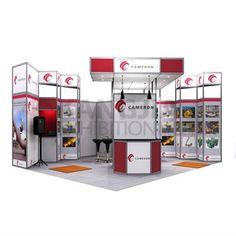 an exhibition stand with red and white accents on the walls, including a sign that says carron