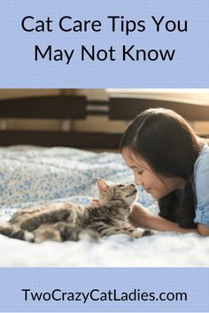 a woman laying on top of a bed next to a gray and white cat with text overlay that reads, cat care tips you may not know