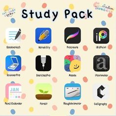 an iphone screen with the words study pack written in different languages and icons on it